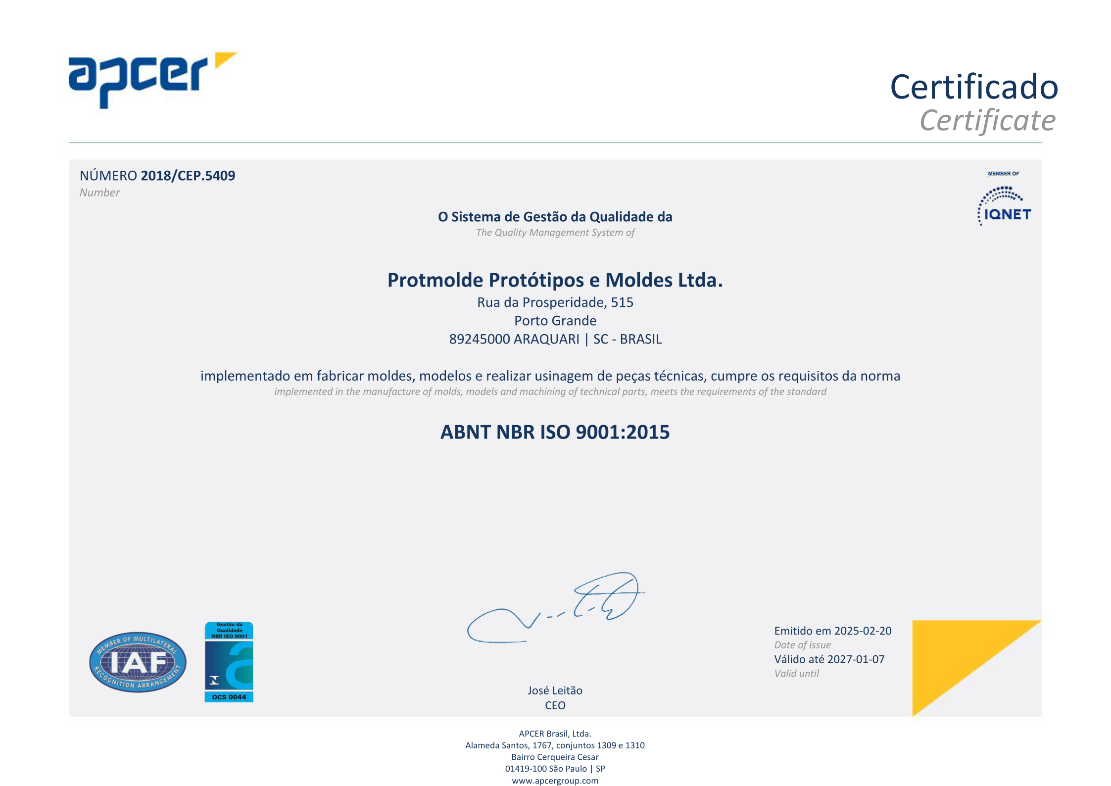Certificado ISO 9001 da Protmolde